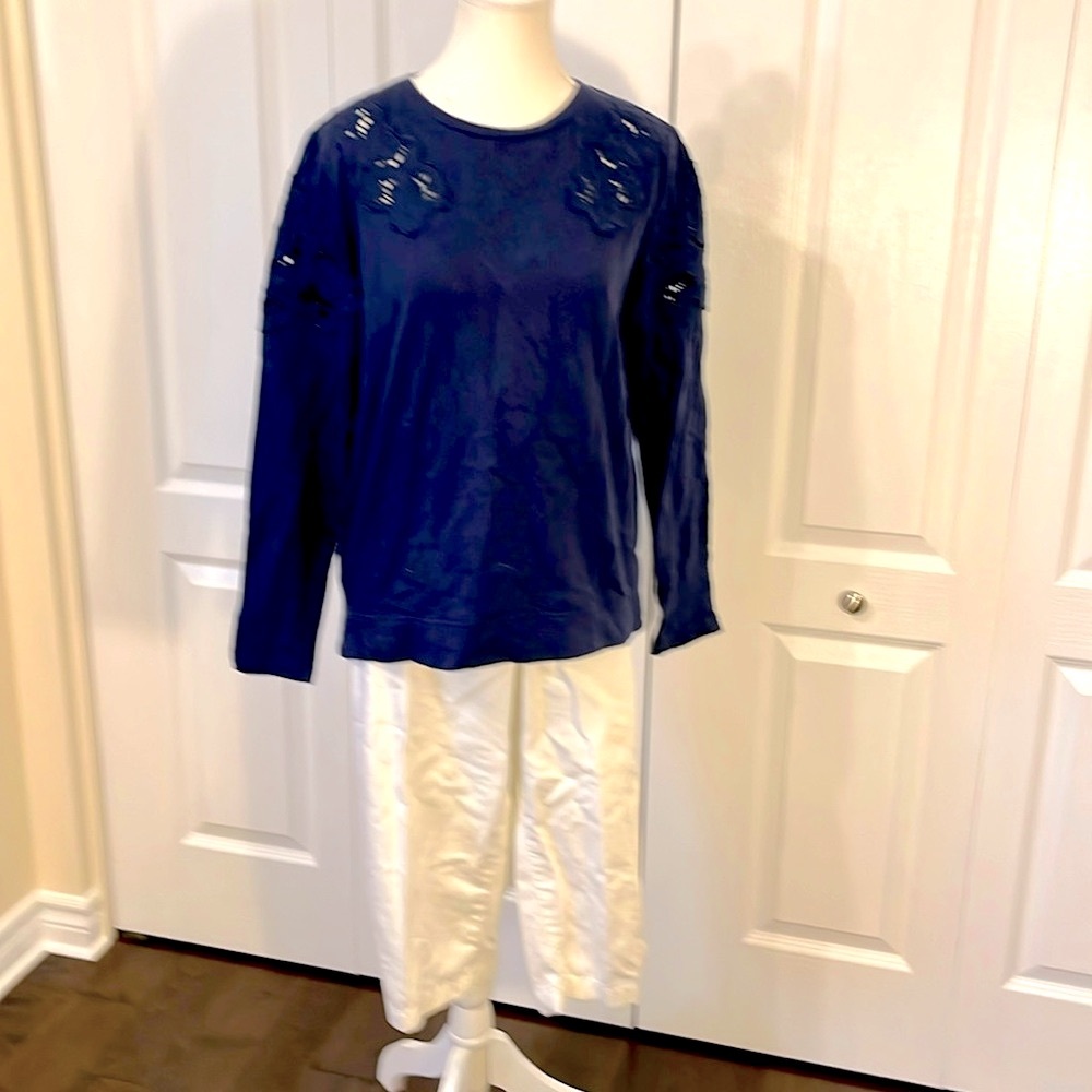 Navy Blue Women's Top with Floral Detailing
